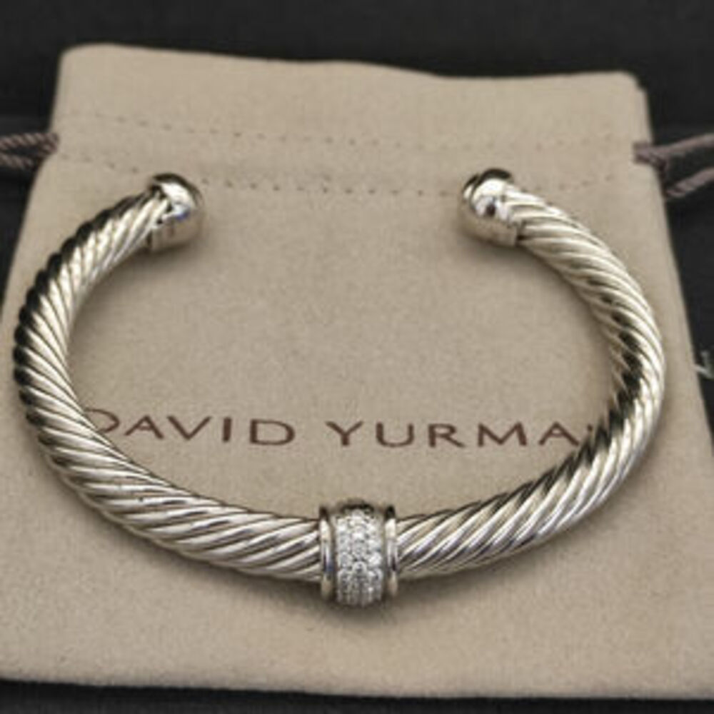 David Yurman 7mm Silver Beaded White Diamond Bracelet